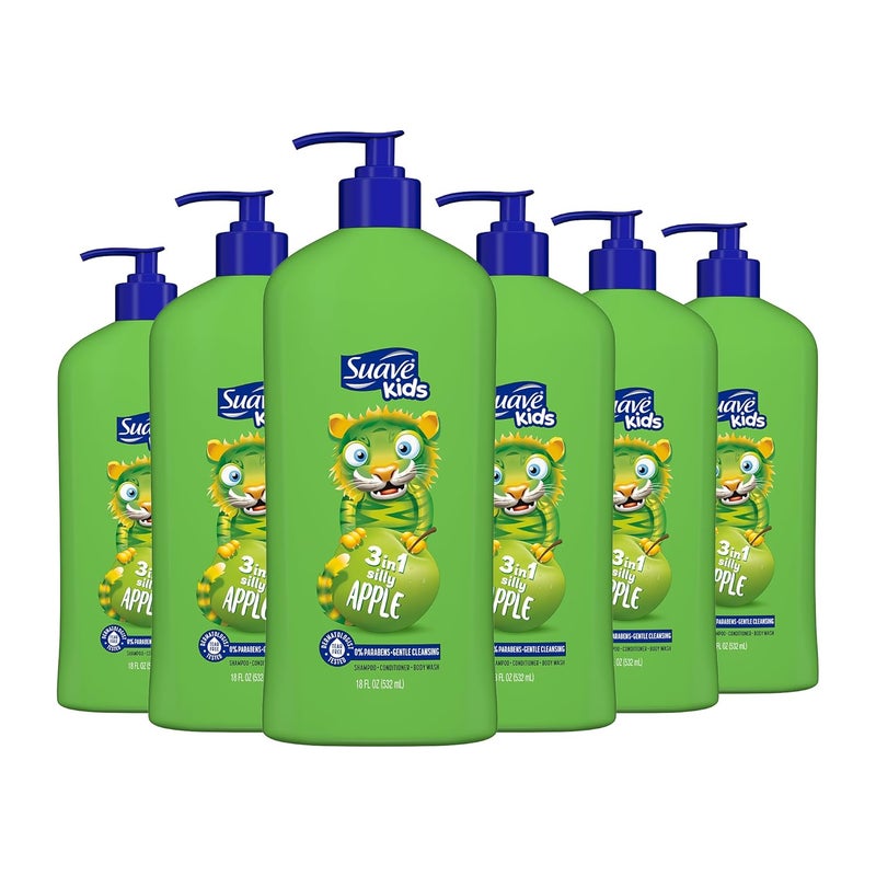 Suave Kids 3-in-1 Tear Free, Body Wash, Shampoo and Conditioners, Dermartologist Tested, Silly Apple, 18 Oz Pack of 6 - Image 1